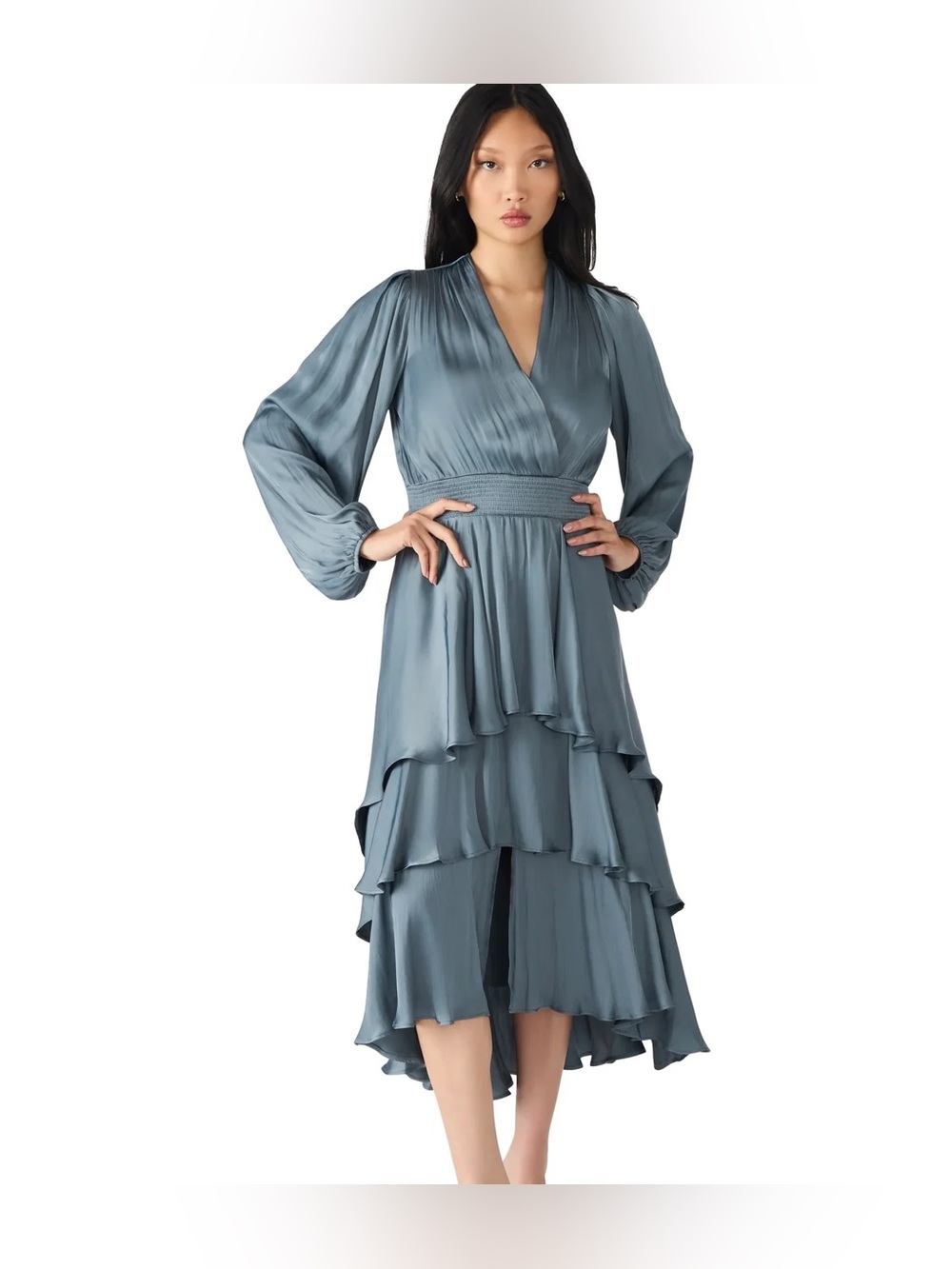 Steve Madden Tiered High-Low Satin Dress in Dusty Blue